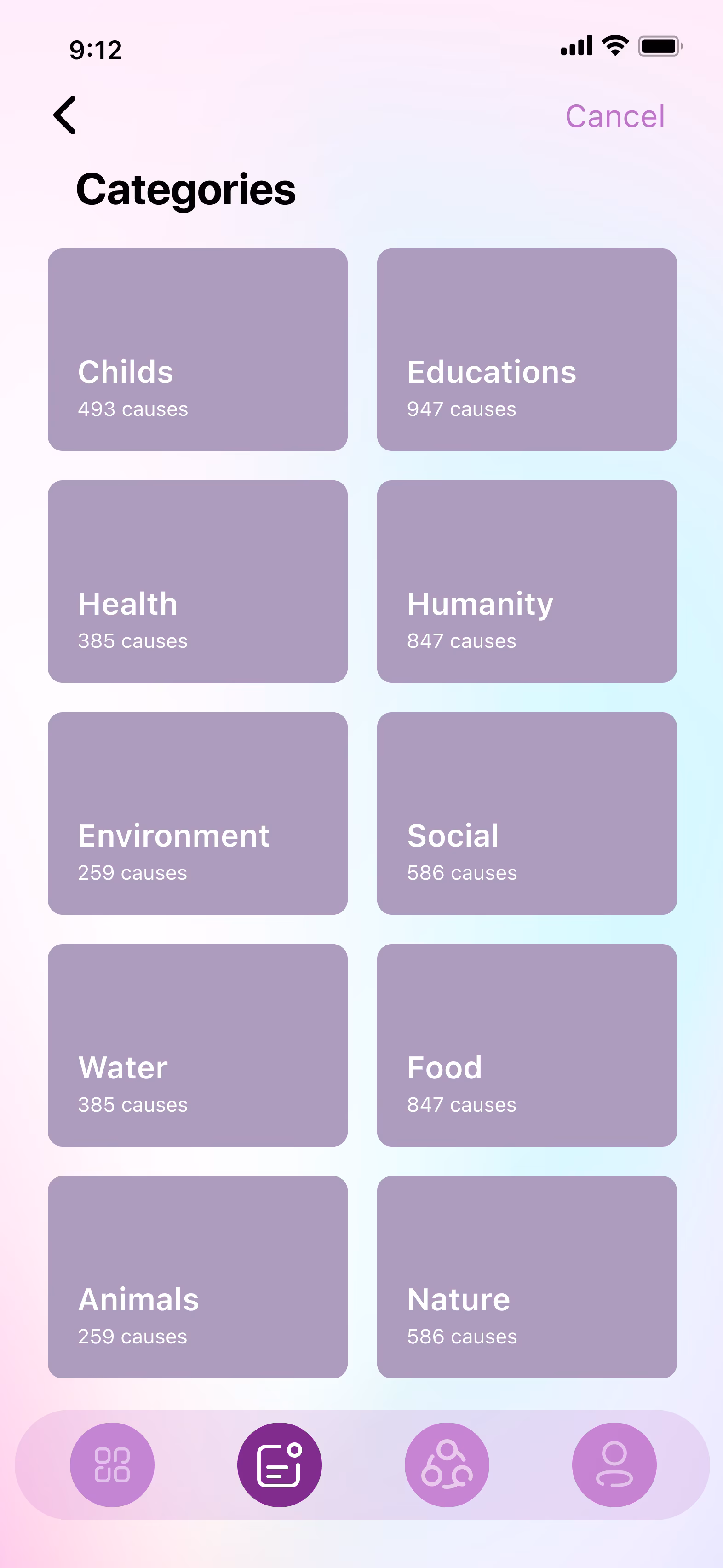 Daily Angel cause categories screen
